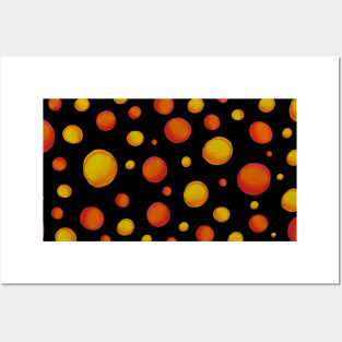 Yellow, Orange and Red Polka Dots (With Black Background) Posters and Art